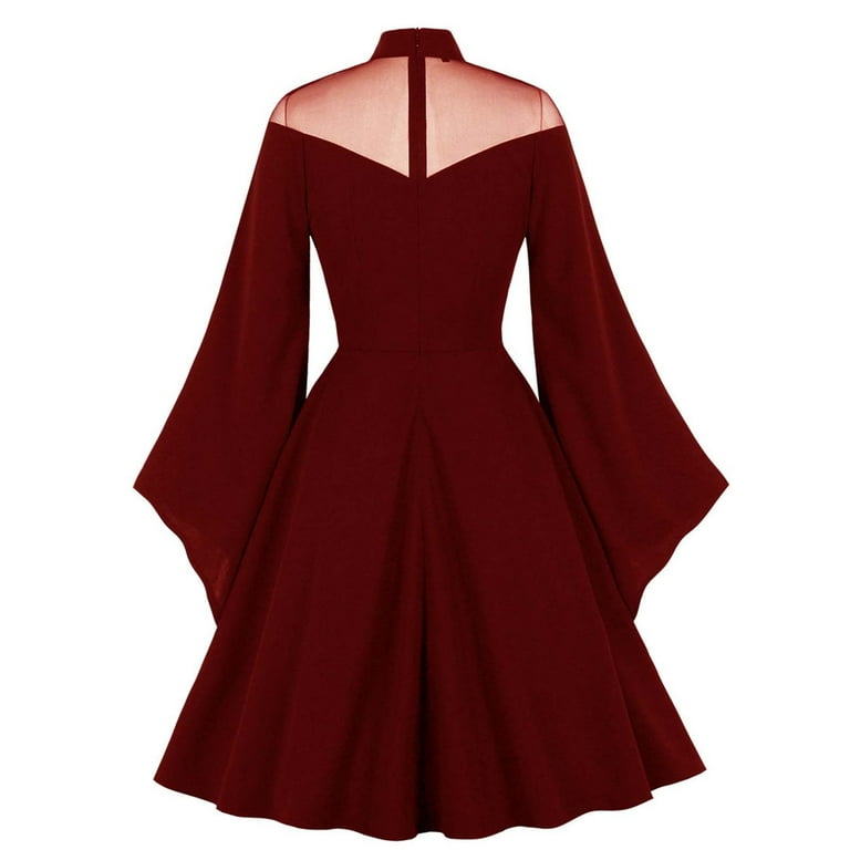 Dress for Women Hallow Women Casual Dress Half High Collar Neck Soild Long Sleeve  Dress Casual Dress for Women - Walmart.com