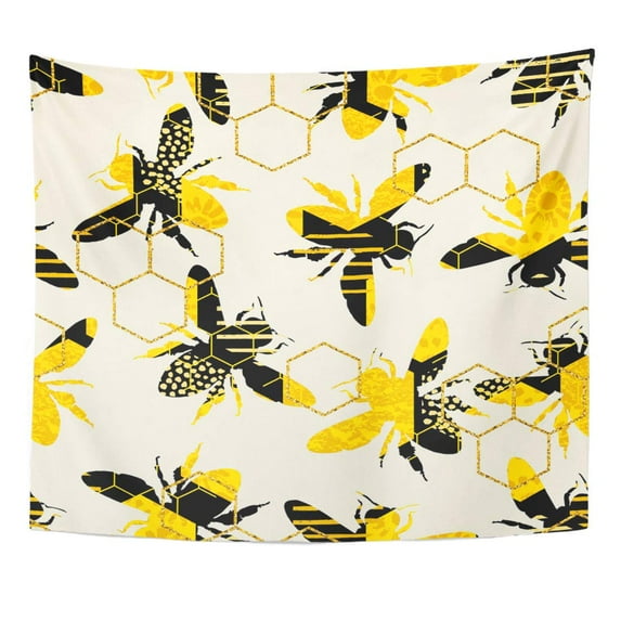 UFAEZU Garden Geometric Pattern with Bee Trendy Modern Abstract Honey Design for Interior Users Apiary Wall Art Hanging Tapestry Home Decor for Living Room Bedroom Dorm 51x60 inch