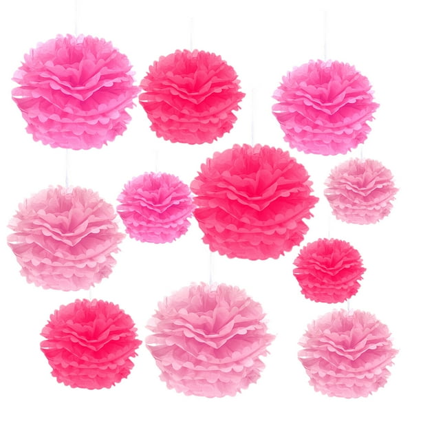 12 piezas de papel para colgar papel pompones bola de la boda del banquete de boda decoración al aire libre papel de seda premium pom pom flores kit de artesanía (rosa + rosa + rosa claro)