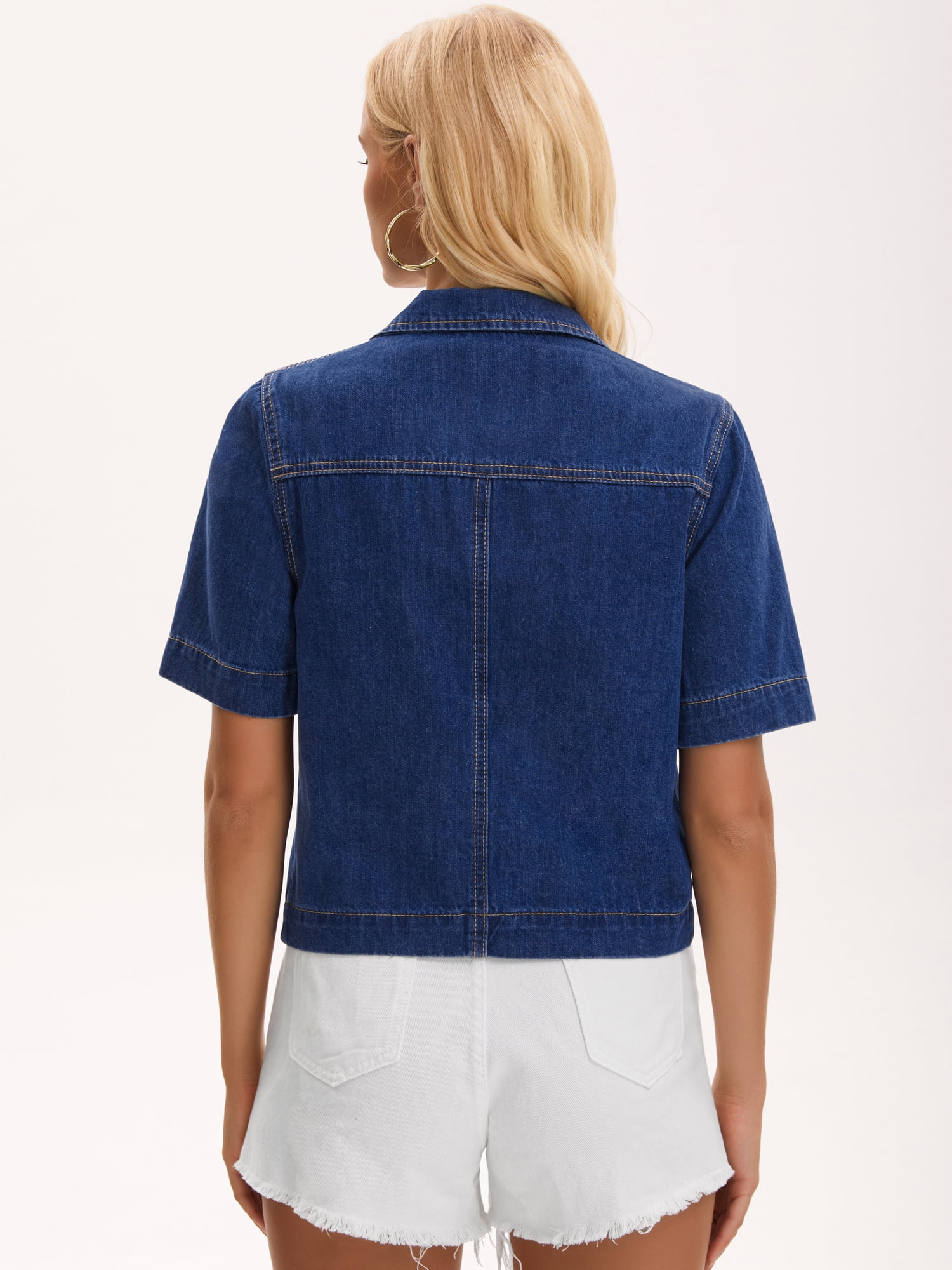 DARING DIVA Women's Button Down Casual Short Sleeve Denim Shirt With Pockets S Dark Blue