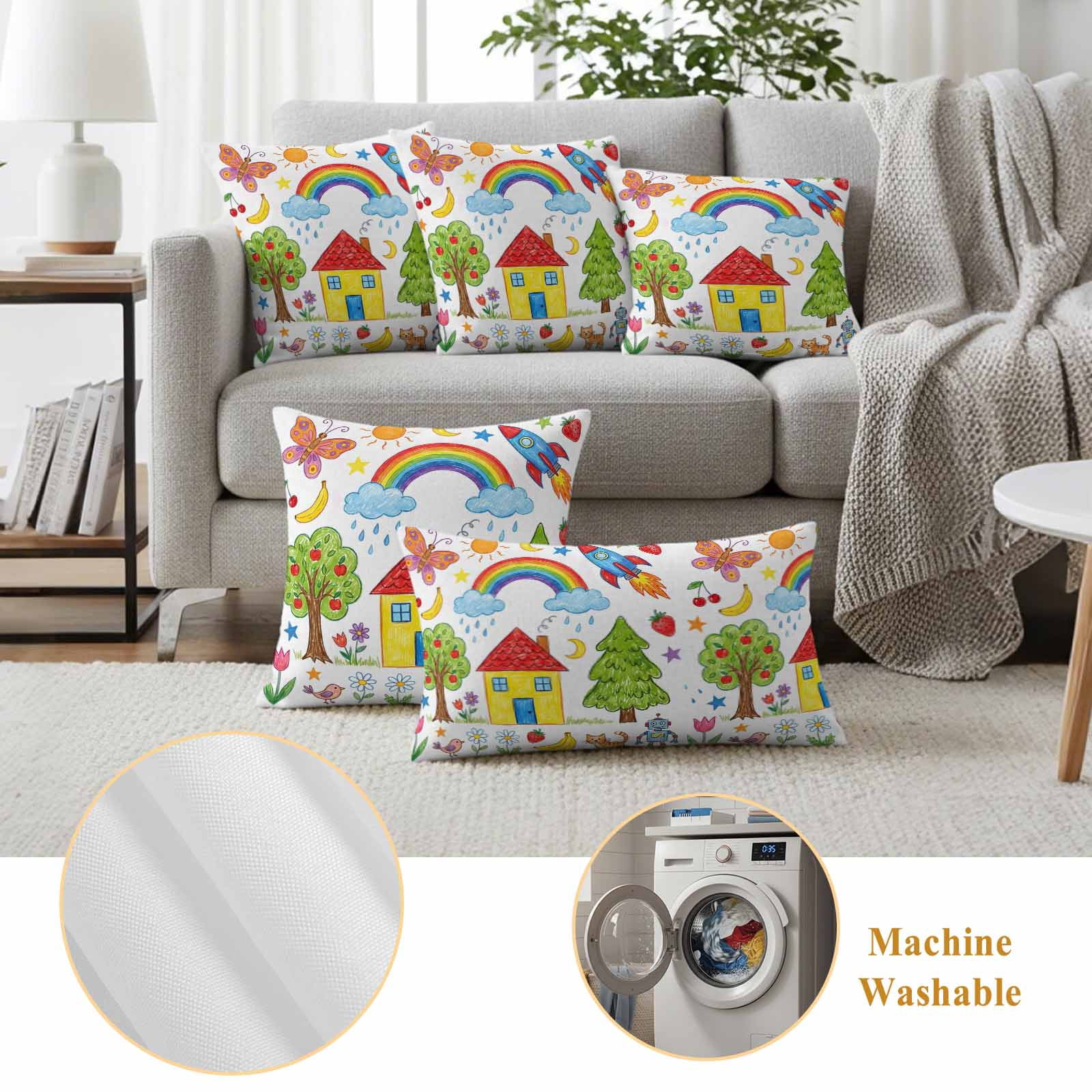 Children's Day Outdoor Waterproof Throw Pillow Covers 20x20 Set of 2, Cartoon Painting Rainbow Rocket Butterfly Decorative Pillowcases Cushion Pillowcase for Couch Sofa Patio Outside Pillow Protector