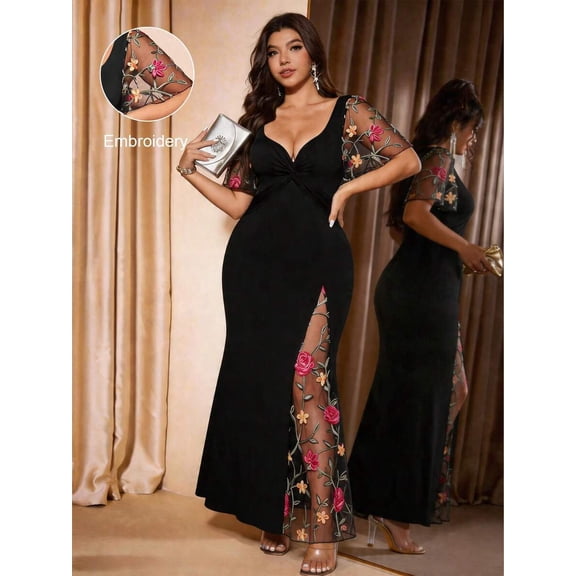 Black Plus Size Womens Long Dress With Mesh Embroidered Floral Sleeves And High Slit Twist Front Formal Gown