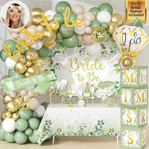 215 PC Bridal Shower Decorations Olive Sage Green - Bridal Shower Balloon Boxes with A- Letters & Bridal Balloon Arch Kit & Bride to Be Balloon for Bridal, Bachelorette, Engagement or Wedding
