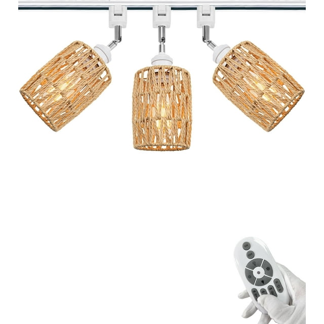 FSLiving Gimbaled LED Track Light, Adjustable Height Juno Track Pendants, J-Type Flexibly Rotatable Light Head, Twine Natural Rattan, E26 Smart LED Edison Bulbs for Island Sloped Ceiling