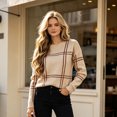 thumbnail image 2 of Sorvello Women's Plaid Knit Sweater, Oversized Crewneck Pullover Long Sleeve, Ribbed Cuffs & Hem Casual Fall Style Beige L, 2 of 9