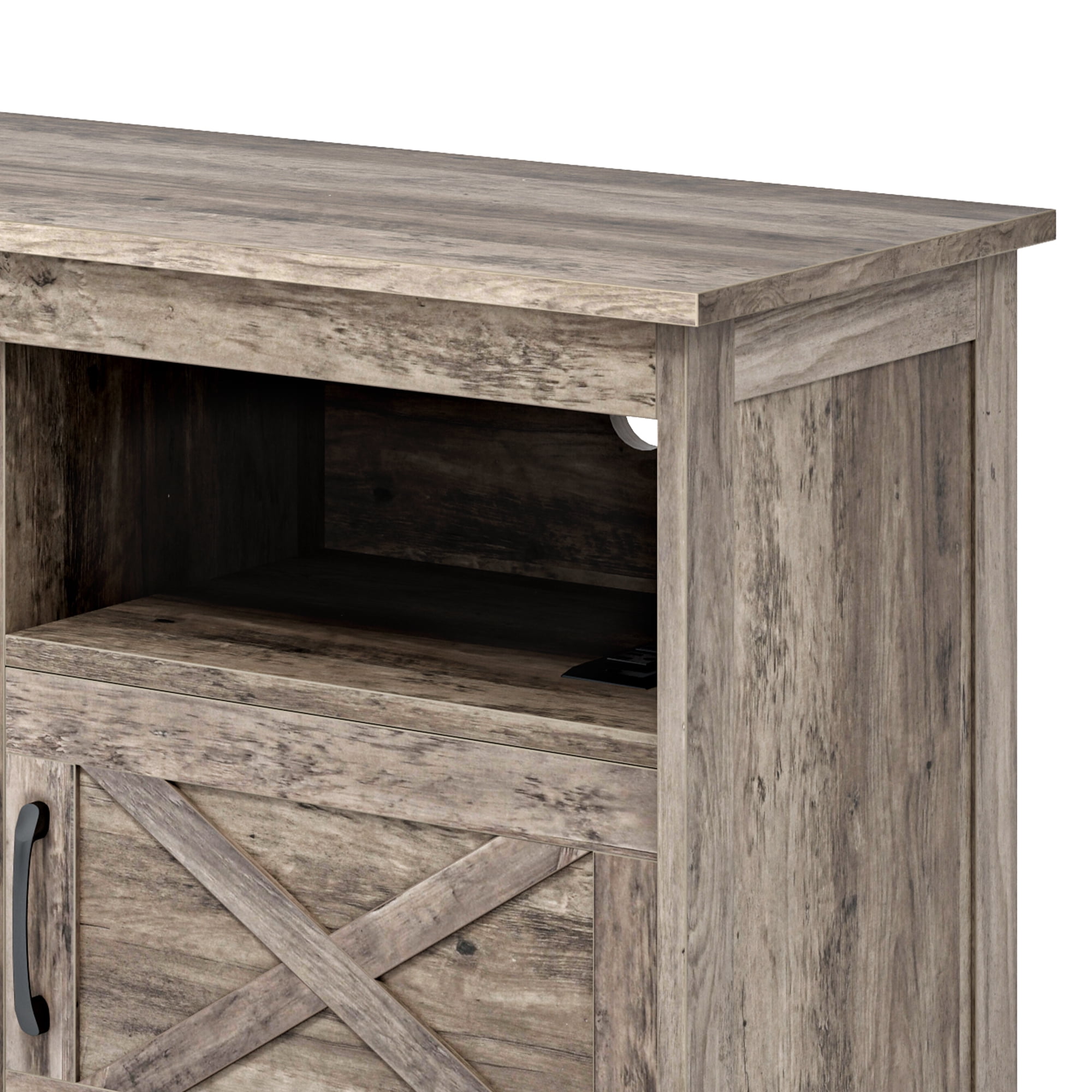 Uforic Farmhouse-Inspired TV Stand with Power Outlet, LED-Lit Media Console, Simplistic TV Cabinet for Living Room or Bedroom, Rustic Gray, 59 Inch
