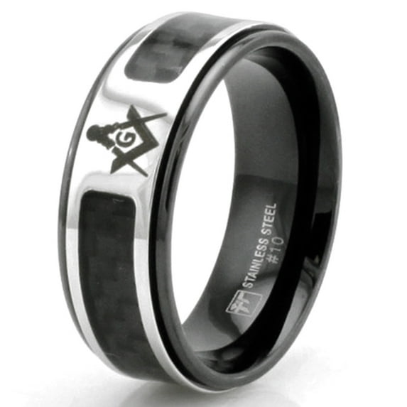 Black Titanium Masonic Freemason Symbol Carbon Fiber Inaly Wedding Band Ring