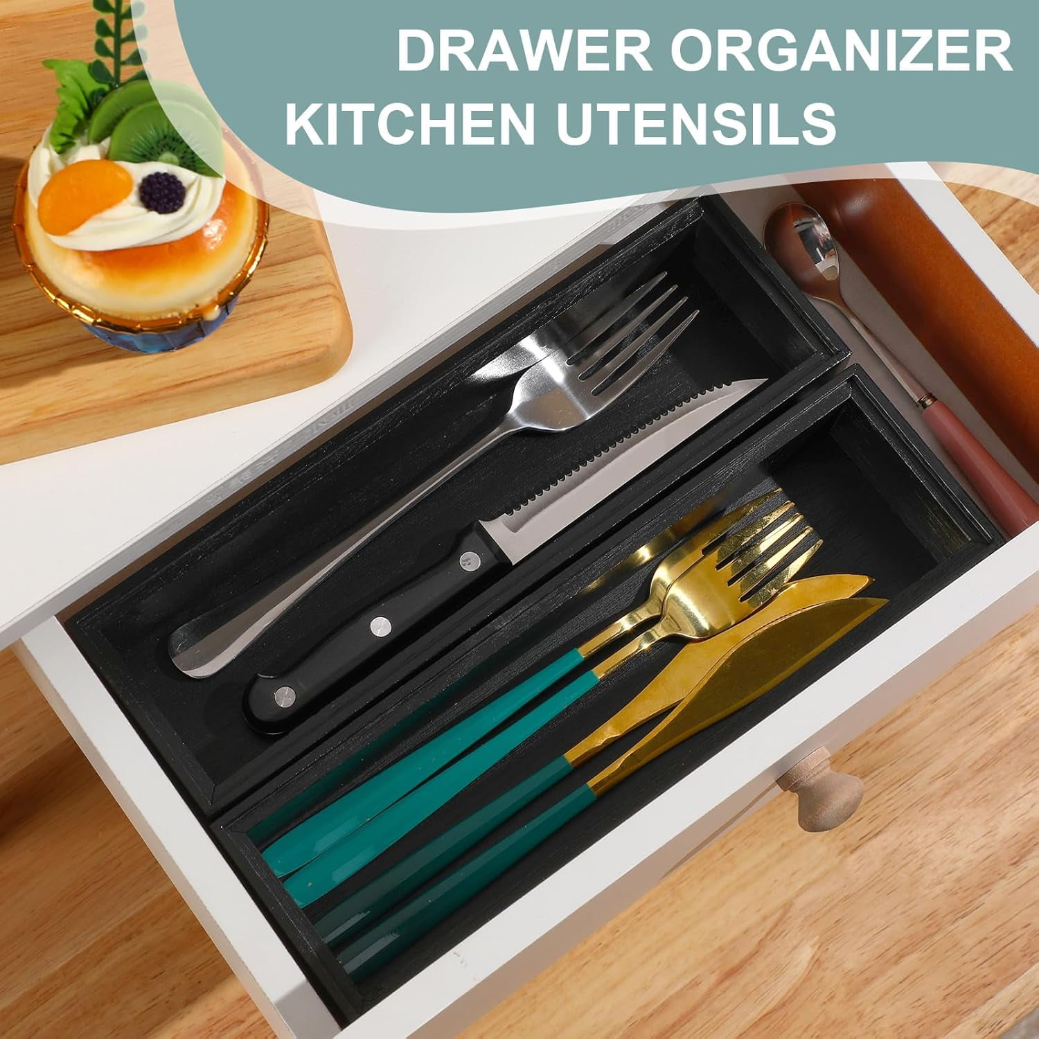 6 Pcs 10 x 3 x 2'' Bamboo Drawer Organizer Black Stackable Utensil Silverware Holder Wooden Tray Drawer Dividers Boxes Spoon Storage Organizer for Kitchen Office Bathroom Cabinet Jewelry