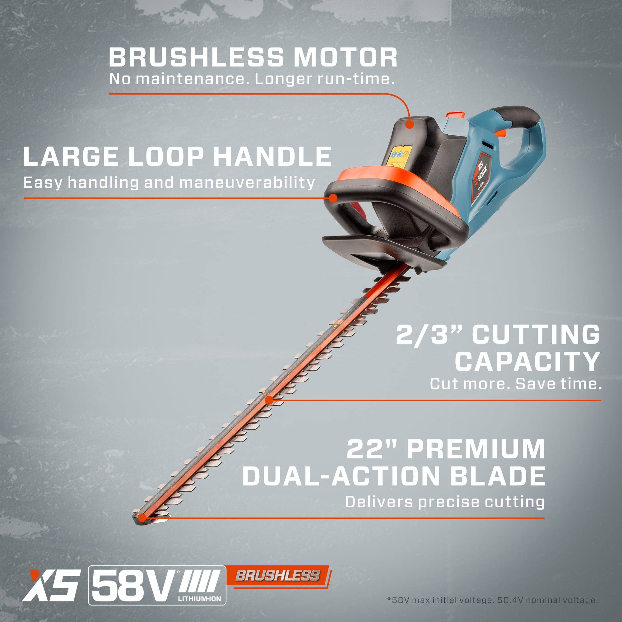 SENIX 58 Volt Max* 22-Inch Cordless Brushless Hedge Trimmer, Double-Sided Dual Action Blades, 2/3" Cutting Capacity (Battery and Charger Included) HTX5-M