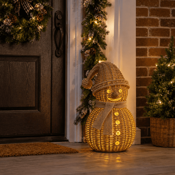 Lighted Rattan Snowman Christmas Decor, Woven Wicker Snowman with Burlap Scarf, Warm LED Lights for Indoor Outdoor Holiday Porch Decor
