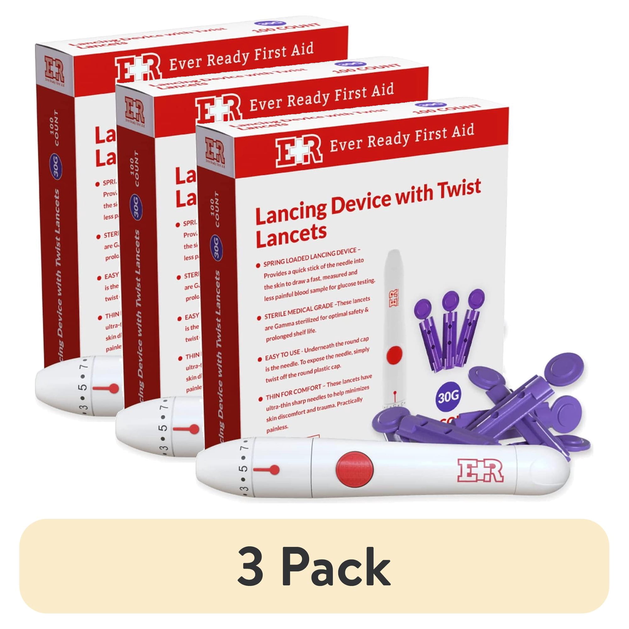 (3 pack) Ever Ready First Aid Lancing Device with 100 30-Gauge Twist Lancets for Sugar Testing