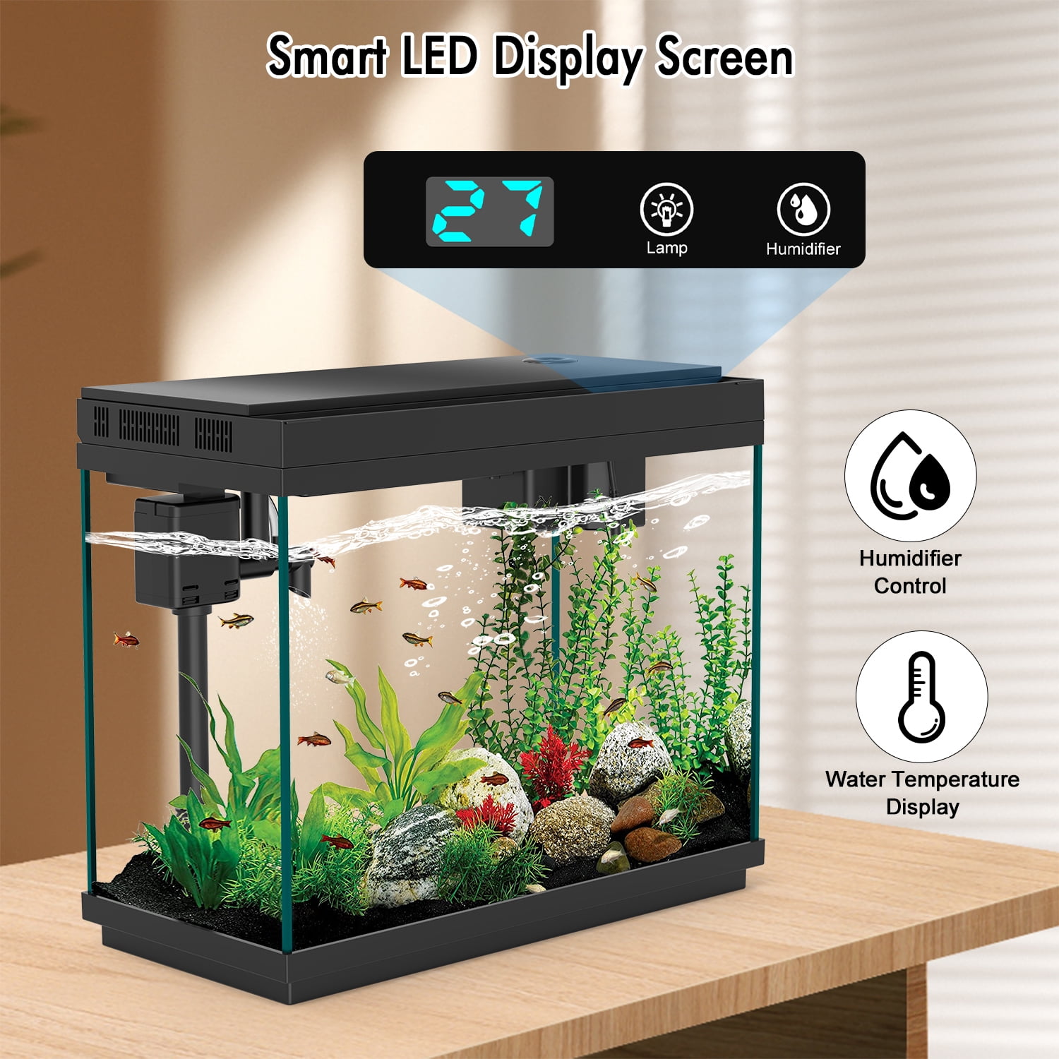 Rechale Smart Fish Tank, 2.4 gal UHD Clear Glass Aquarium with Smart Touch Control, 3-in-1 Silent Pump,7 Color Gradation RGB Lights, Multi-Layer Filtration System,Perfect for Home, Office, and Decor