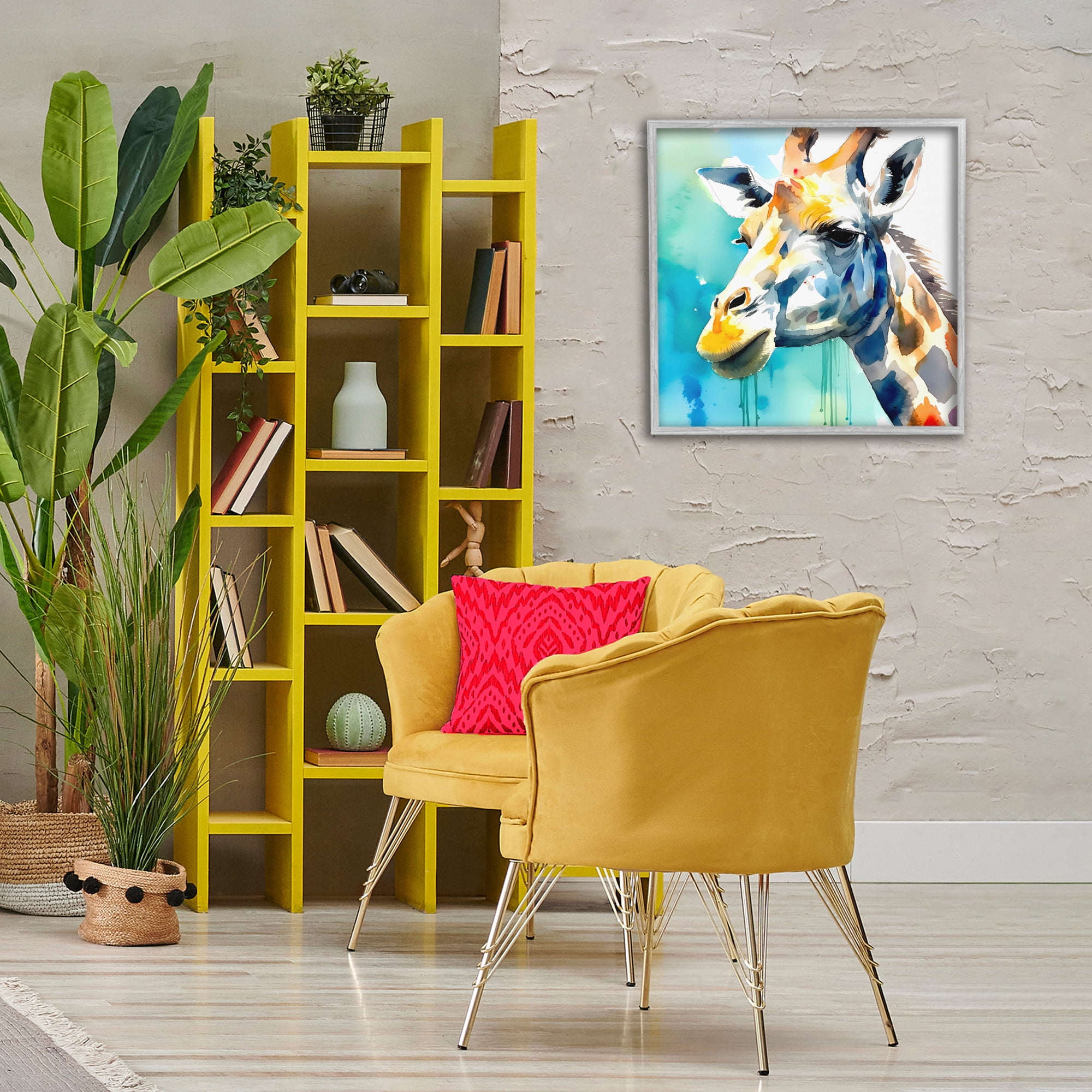 Stupell Industries Giraffe with Blue Splash Animals & Insects Painting Gray Framed Art Print Wall Art, 24 x 24