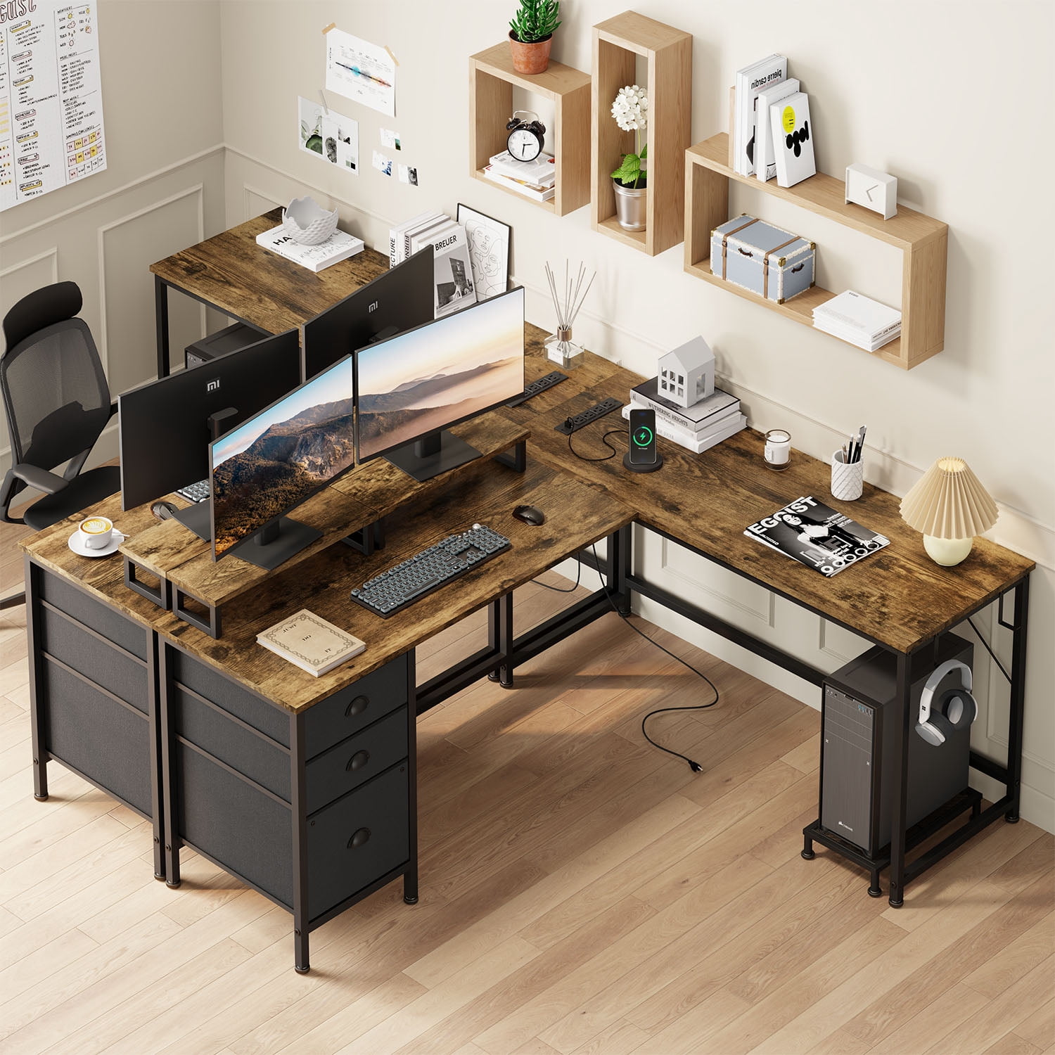 GIKPAL L Shaped Computer Desk  with Drawer, Reversible Gaming Desks Corner Desk with Storage Shelves & Monitor Stand, Home Office Desk Workstation, Brown