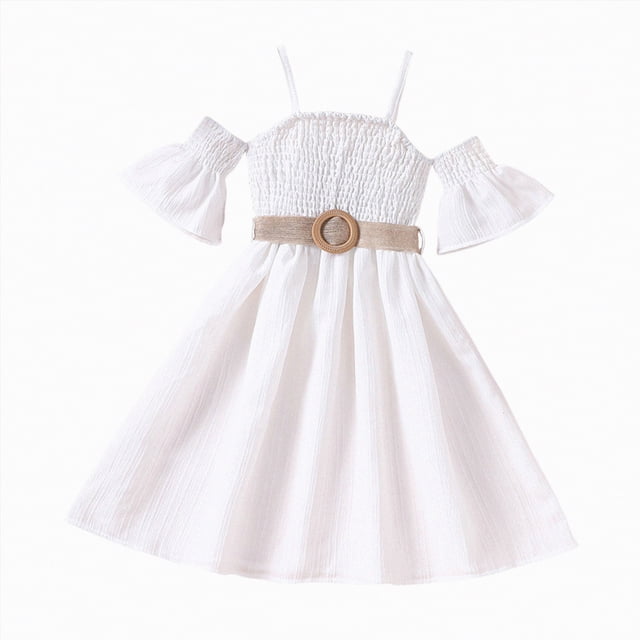 NIEWTR Robe Trapèze de Fête Mignonne pour Fillette Tout-Petit à Manches Courtes avec Jupe à Volants Contrastée (Blanc, 5-6 Ans)