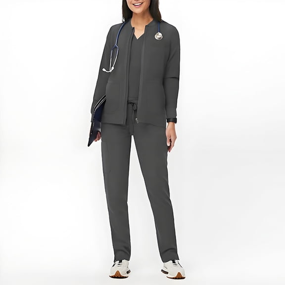 Women’s Scrub Jacket & Pants Set, Long Sleeve V-Neck Medical Workwear with Multi Pockets, Loose Fit Uniform for Nurses & Healthcare Workers
