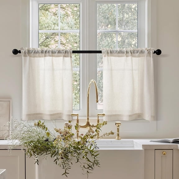 Cream Linen Cafe Curtains 24 inch Length 2 Panel Set Rod Pocket Farmhouse Short Kitchen Window Curtains Over Sink Light Filtering Semi Sheer Small Window Drapes for Bathroom Camper W26xL24