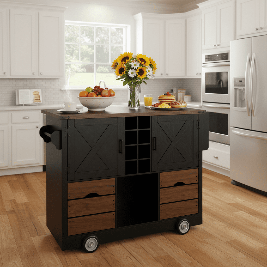 Homy Casa Rolling Kitchen Island with Drop Leaf, Wine Rack, Drawers and Storage Cabinets