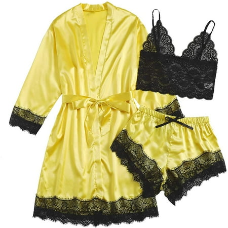 

Fhljh Plus Size Sexy Lingerie Women Silk Stripe Robe Satin Bathrobe Sleepwear Pajamas