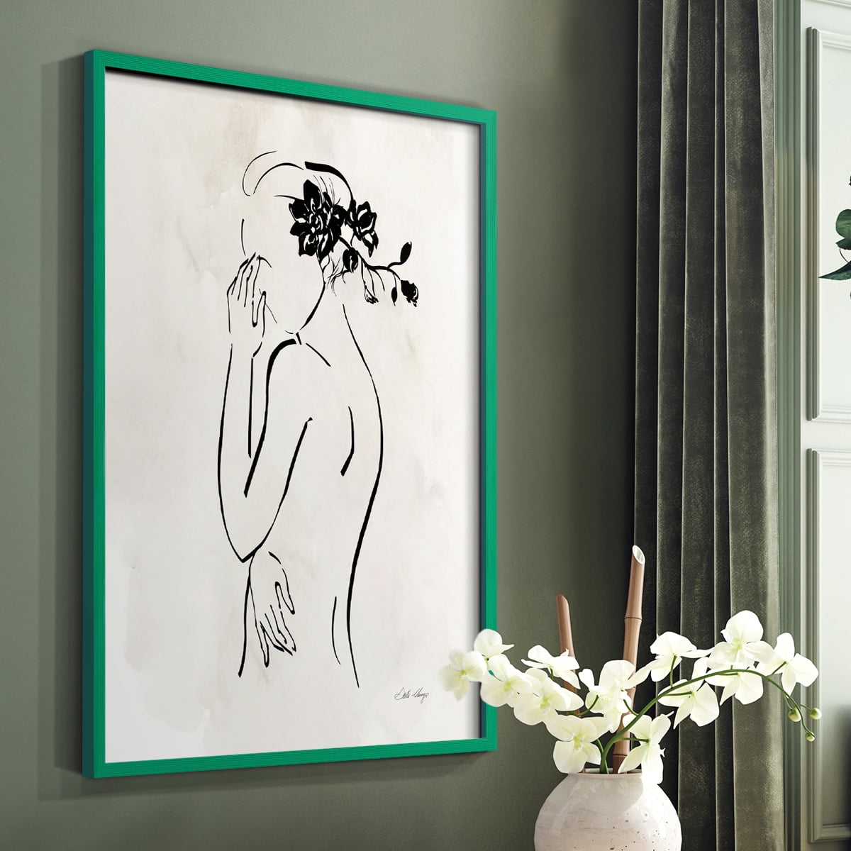 Romantic Line Art II in Green Solid Wood 8 x 10 Framed Print