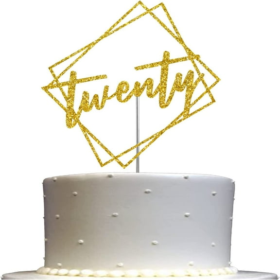 Twenty Cake Topper Gold Glitter, Modern Design 20 Birthday, Days, Months, Anniversary Party Decoration Ideas, Sturdy Doubled Sided Glitter, Acrylic Stick