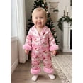 thumbnail image 3 of Cjfdfy Newborn Baby Girls Boy Satin Christmas Pajamas Clothes Santa Bow Print Long Sleeve Fuzzy Trim Button Jumpsuit Cute My First Christmas Fall Winter Sleepwear 0-18M, 3 of 9