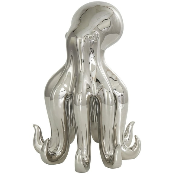 8" x 12" Silver Ceramic Tall Standing Octopus Sculpture, by DecMode