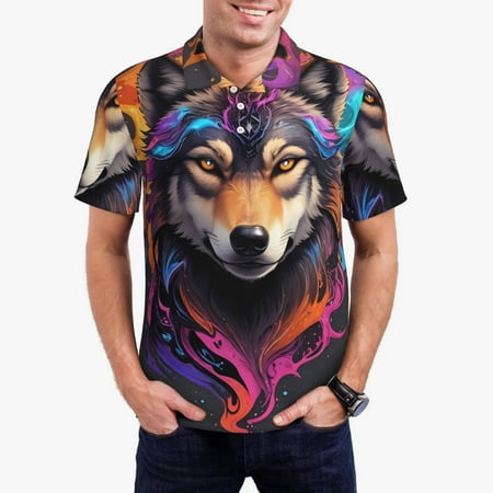 Gaeub Colorful Wolf Head Print Men s Polo Shirts Short Sleeve Golf Performance Shirts Stretchy Golf Shirts Casual Summer Beach Shirts-4X-Large