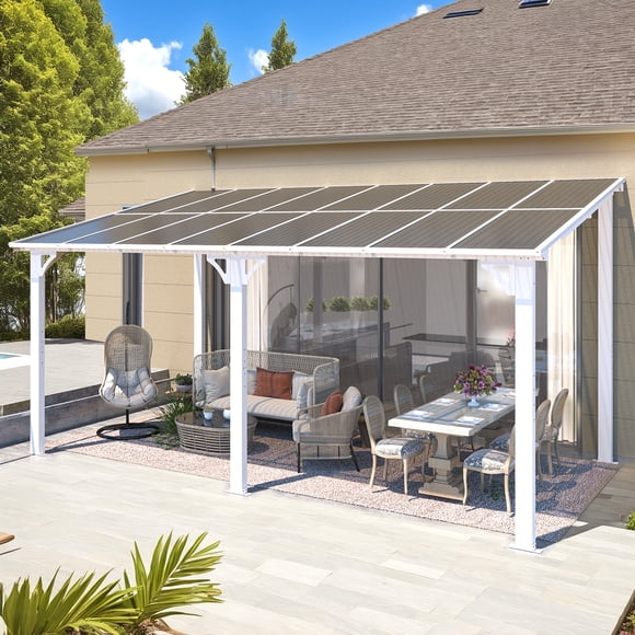 YODOLLA 16' x 8' Lean-To Gazebo, Wall-Mounted Outdoor Gazebo with Roof Shelter, Heavy Duty Patio Awning for Deck, Backyard, White