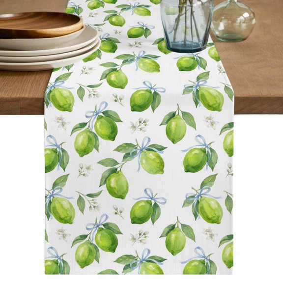 Green Lemons Table Runner 72 Inches, Summer Watercolor Blue Bow on Fruits Bed Runner Dresser Scarves Tabletop for Indoor Outdoor Parties/Ceremony/Banquet, 13" x 72"