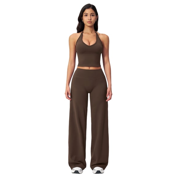 IBTOM CASTLE Womens Workout Sets 2 Piece Spaghetti Straps Crop Top Straight Leg Yoga Pants Yoga Pilates Outfits S Brown
