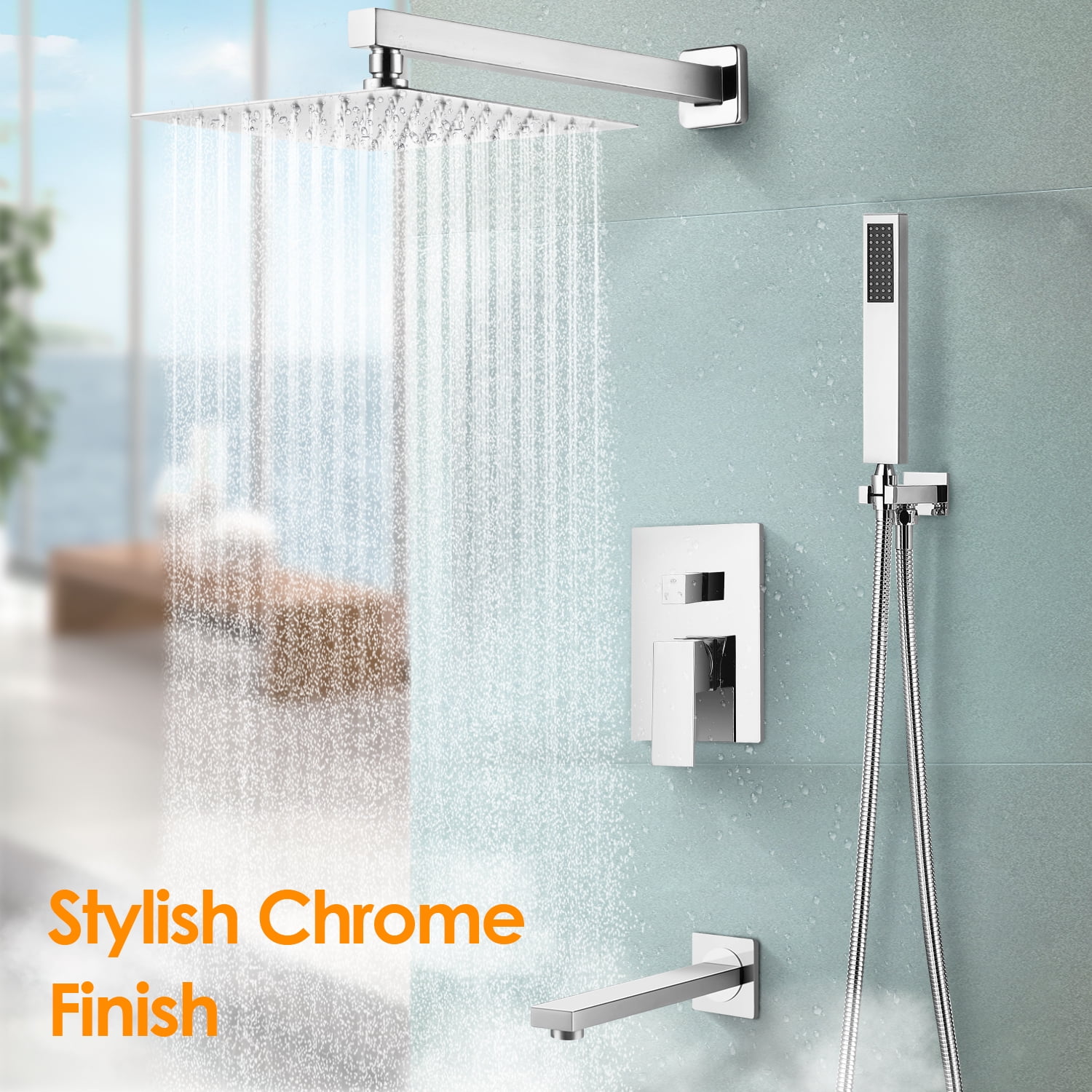 EVERSTEIN Shower Faucet Combo Set 10 Inch Rain Shower Head System with Bathtub Spout and