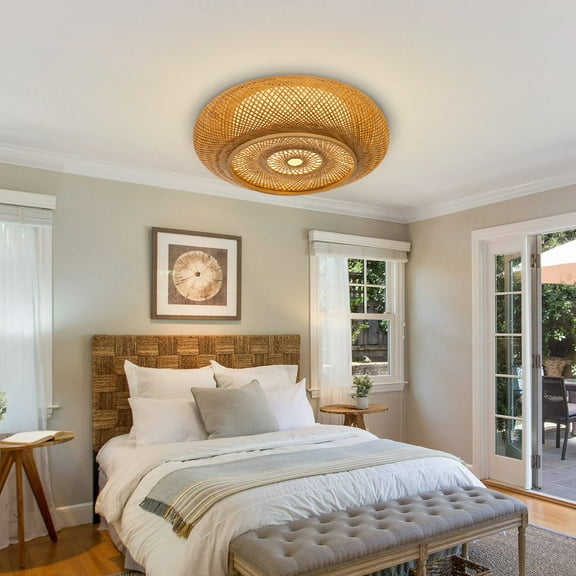 UEEYAC Vintage Bamboo Ceiling Lighting Fixtures Wicker Rattan Flush Mount Ceiling Light Bamboo Woven Ceiling Light