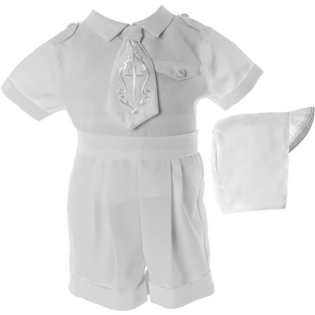 Newborn Baby Boy 3pc Christening Short Set with 'Cross' Embroidered Necktie, Epaulets &