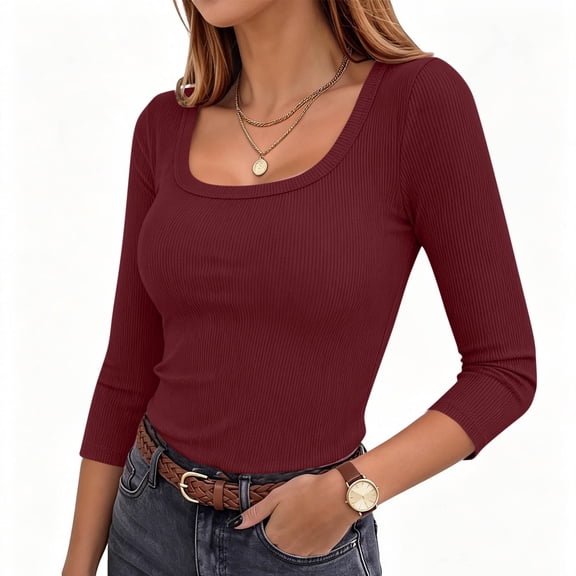 Plebaso 3/4 Sleeve Tops for Women Casual Scoop Neck Slim Stretch Tee Shirts Trendy Going out T Shirts