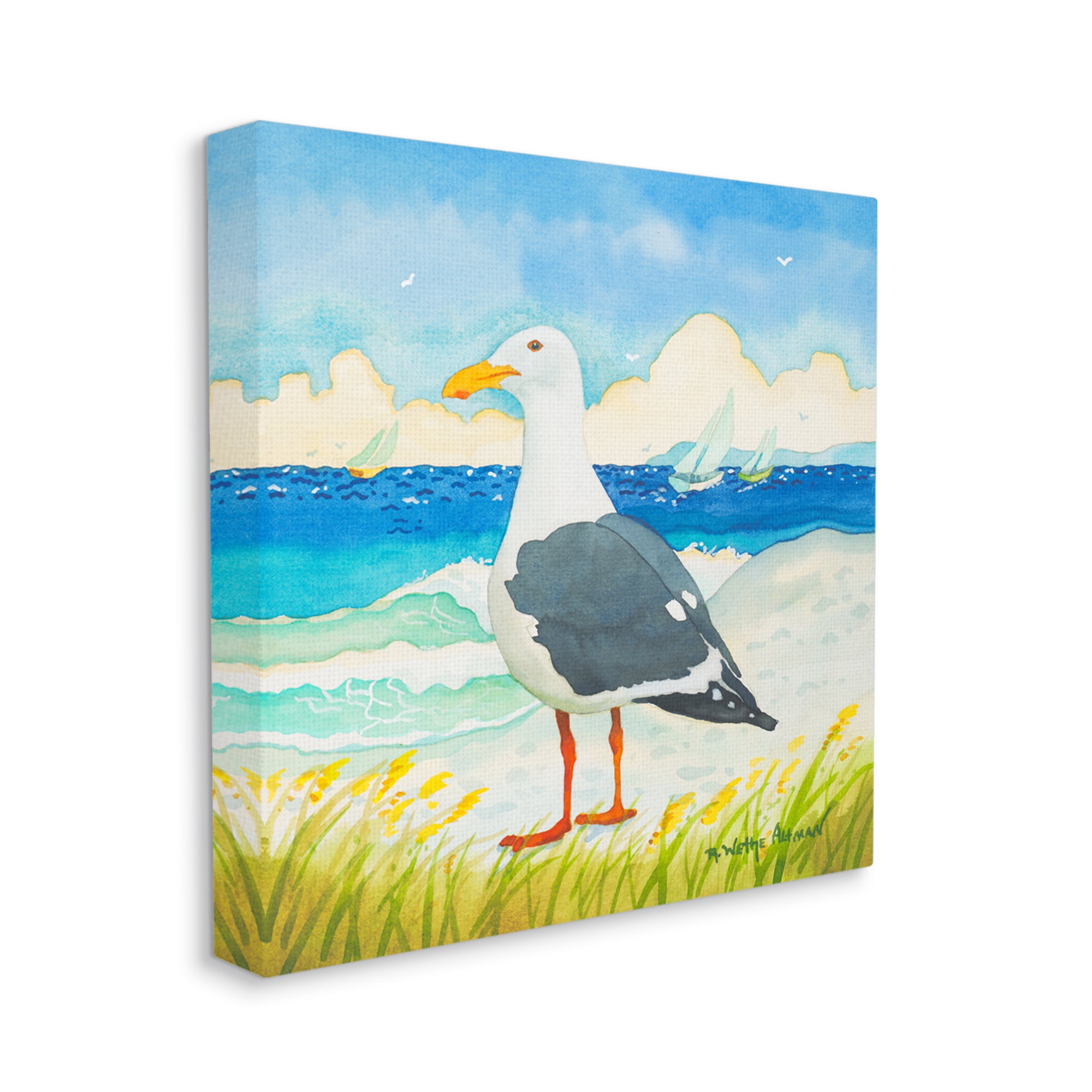 Stupell Industries Seagull on Beach Painting Animals & Insects Painting Gallery Wrapped Canvas Print Wall Art, 36 x 36