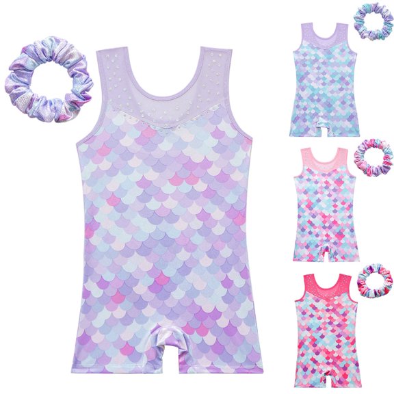 Mermaid Girls Leotards Gymnastics Sparkly Bead Mesh Dance Biketards Matching Hair Scrunchie Child 3-10 Years Old