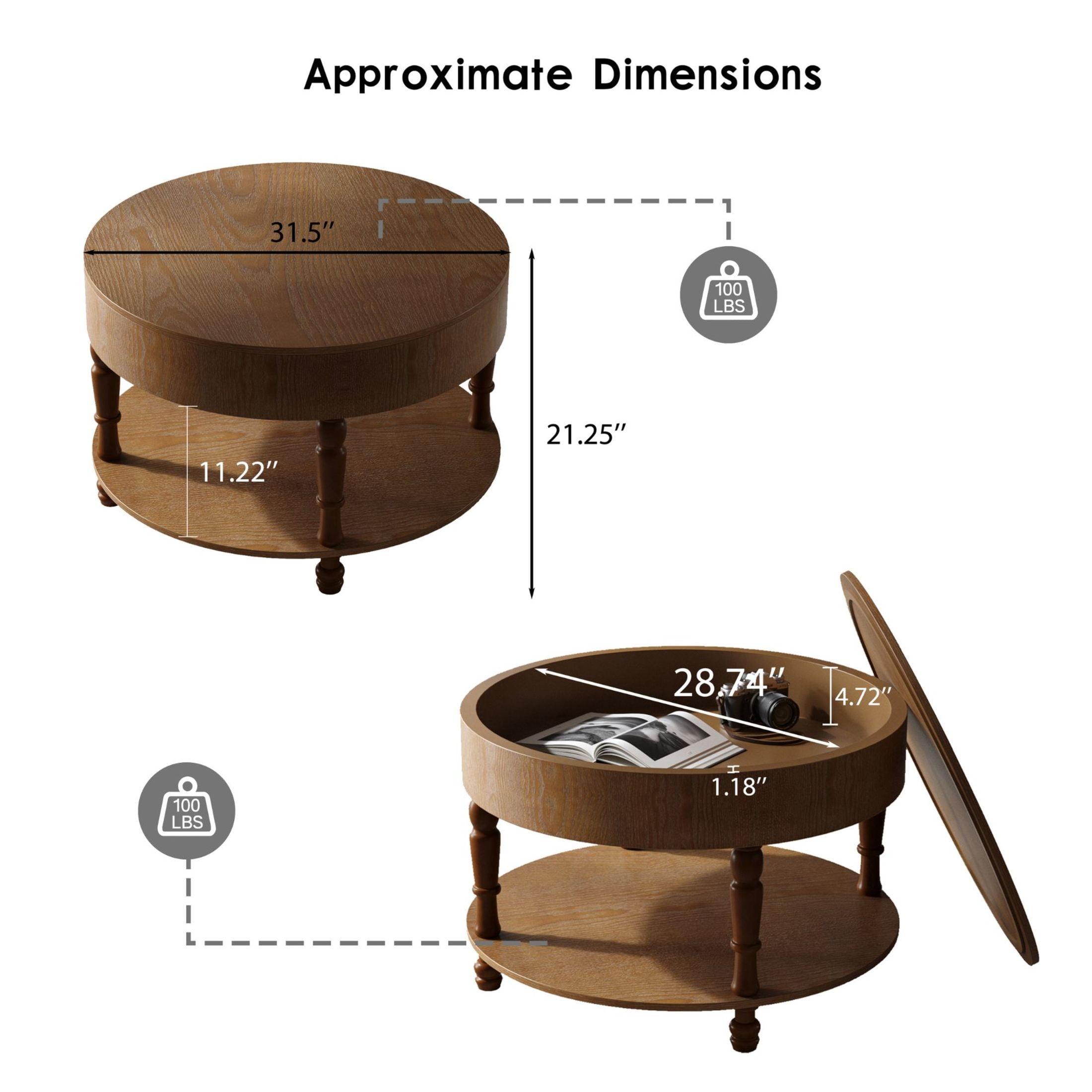 Noble House Coffee Table with Dual Storage for Living Room, 31.5" Modern Round Coffee Table with Storage and Hidden Compartment, Adjustable Leveling Feet, Walnut Brown