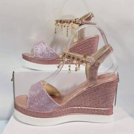 

SHENZHYIXINC Stylish Glitter Platform Wedge Sandals for Women - Chic Open Toe Design with Pearl Ankle Strap - Versatile and Fashionable Choice