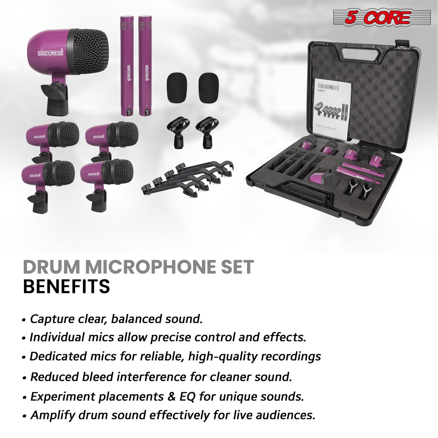 7-Piece All-Metal Drum Microphone Kit for Tom, Snare & Cymbals, Professional Wired Instrument Mics for Studio & Live Performance
