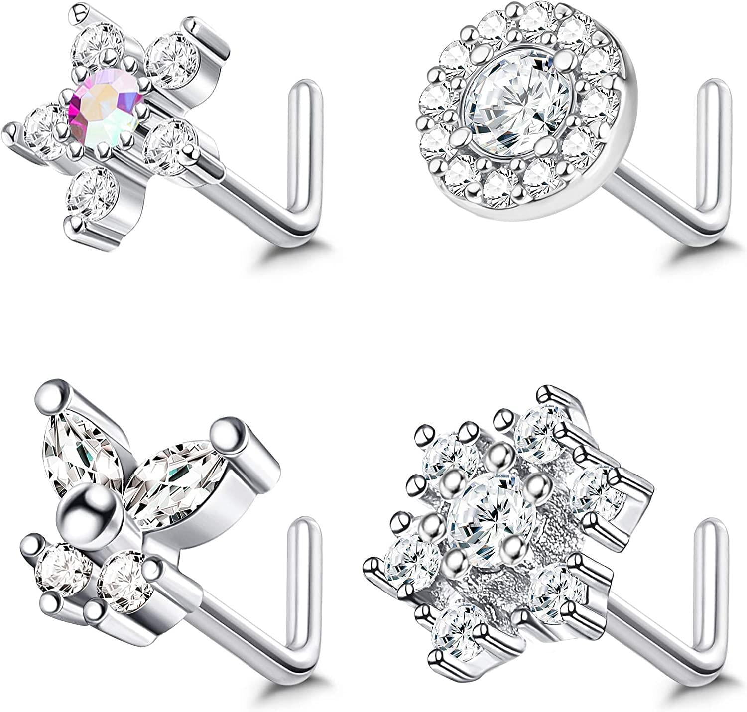 ZAQW 4 Pcs 20G Nose Rings Studs Surgical CZ Butterfly Nose Piercing Round Nose l Shape Studs for