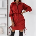 thumbnail image 1 of Fankiway Liquidation Robes à Manches Longues pour Femmes, Chemise à Col Rabattu, Couleur Unie avec Cordon de Serrage, Robe, Jupe Courte Enveloppante pour Fesses, Grandes Tailles, 1 of 7