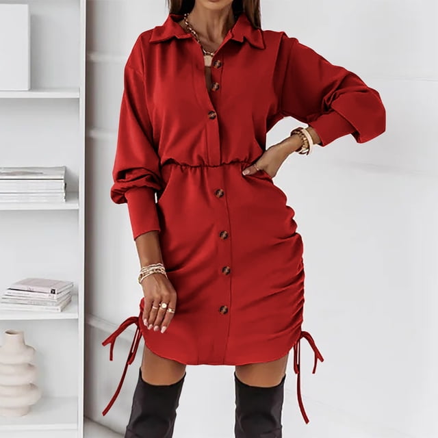 Fankiway Liquidation Robes à Manches Longues pour Femmes, Chemise à Col Rabattu, Couleur Unie avec Cordon de Serrage, Robe, Jupe Courte Enveloppante pour Fesses, Grandes Tailles