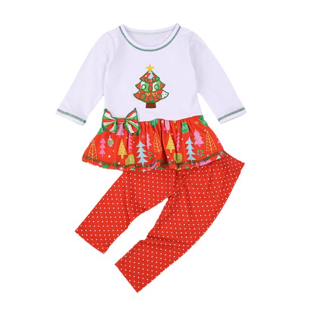 Toddler Baby Girls Christmas Outfits Sets Round Neck Long Sleeve Patchwork Ruffle Top Polka Dots Pant Walmart Com