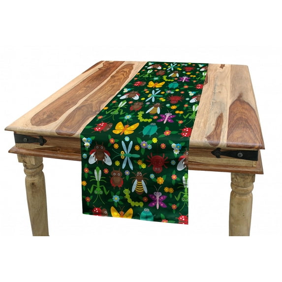 Nursery Table Runner, Forest Bugs Spider Butterfly Beetle Dragonfly Mantis Wasp Ladybug Flowers, Dining Room Kitchen Rectangular Runner, 3 Sizes, by Ambesonne
