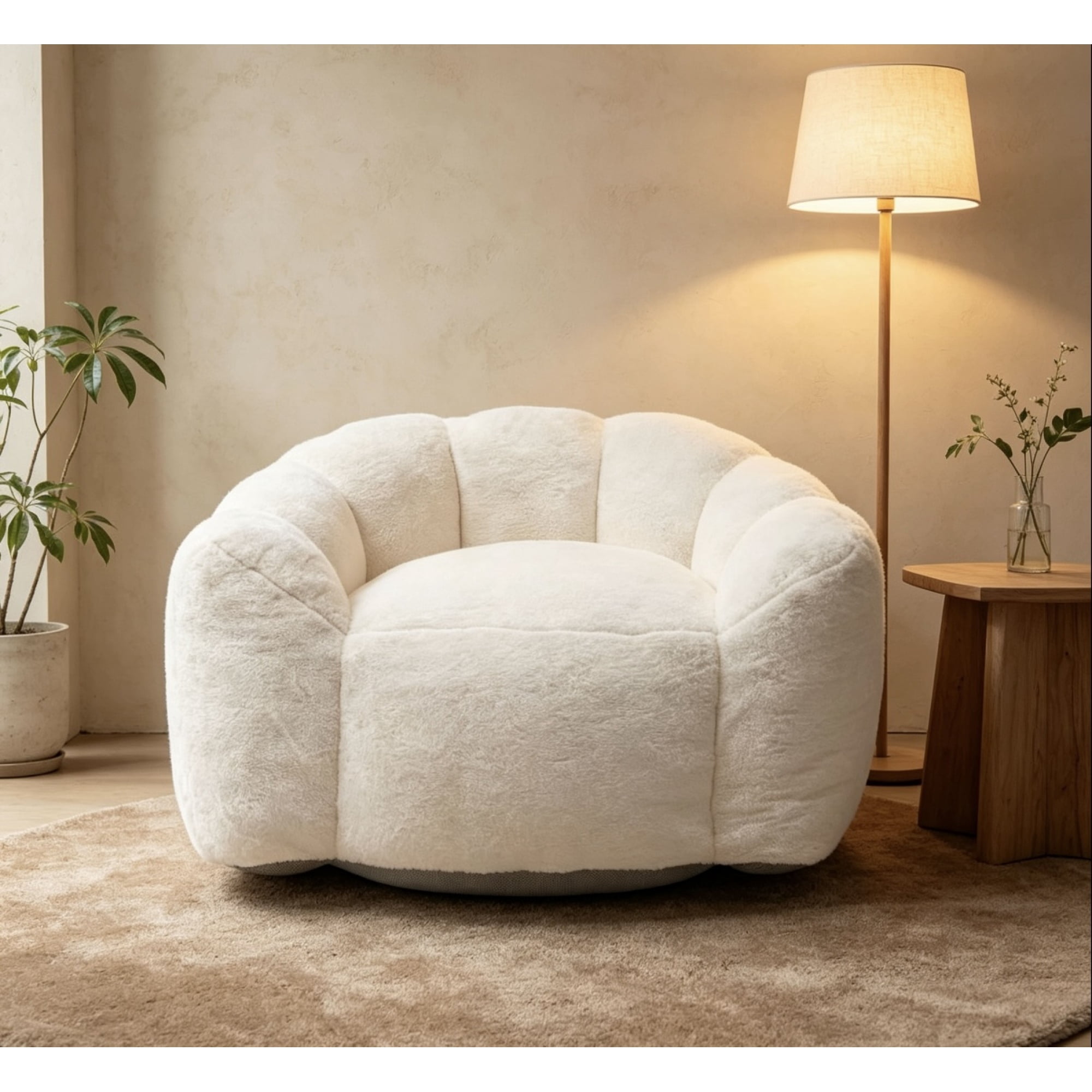 Leumius Large Lazy Sofa Chair, Comfortable Velvet Fabric Large Petal Sofa for Bedroom, Living Room and Gaming Beige