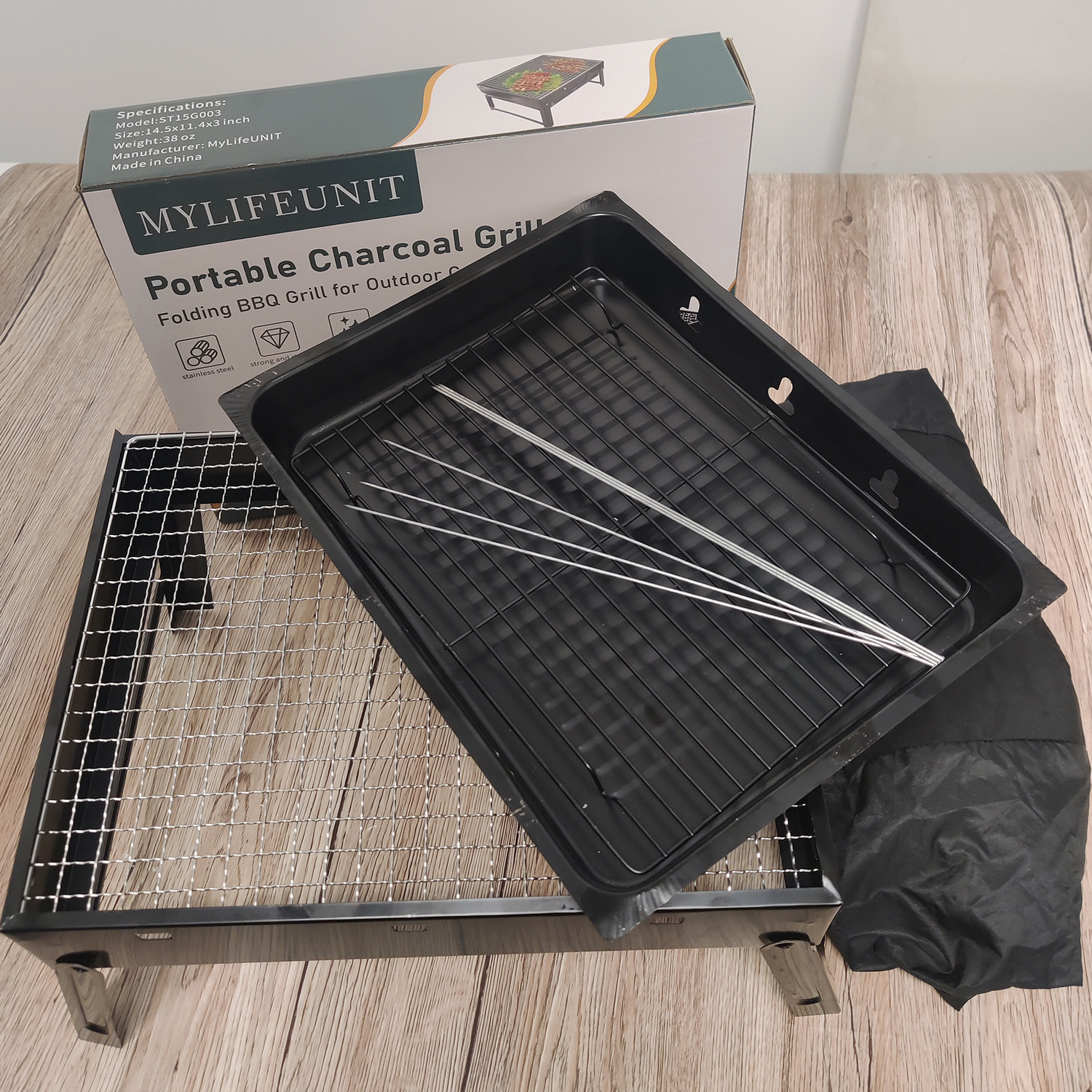 MyLifeUNIT Portable Charcoal Grill Set, Foldable Barbecue Grill with Wire Baskets, Barbecue Branders and Grill Covers