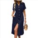 thumbnail image 2 of Vestido Informal de Verano para Mujer, de Color Liso, con Mangas , Botones y Cuello en V, con Bolsillos. Azul Marino S, 2 of 10