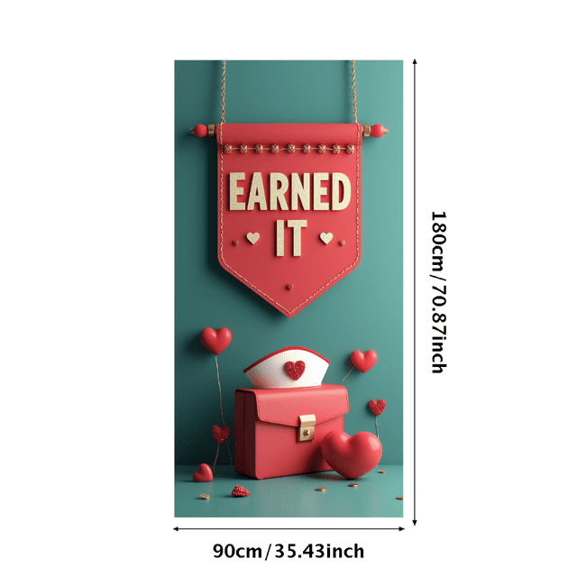 White Fabric Banner with Red Glittery Earned It Lettering Heart and Star Elements Party Decoration Backdrop for Celebrations Photo Shoots Graduation Parties Valentine Events