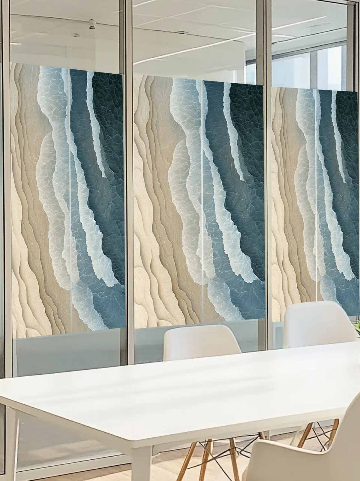 Blue Beige Window Privacy Film, Gradient Sea Wave Beach Abstract Seaside Sand Frosted Glass Window Clings Static Cling UV Heat Blocking Reusable Door Sticker for Bathroom 23.6 x 59 Inch